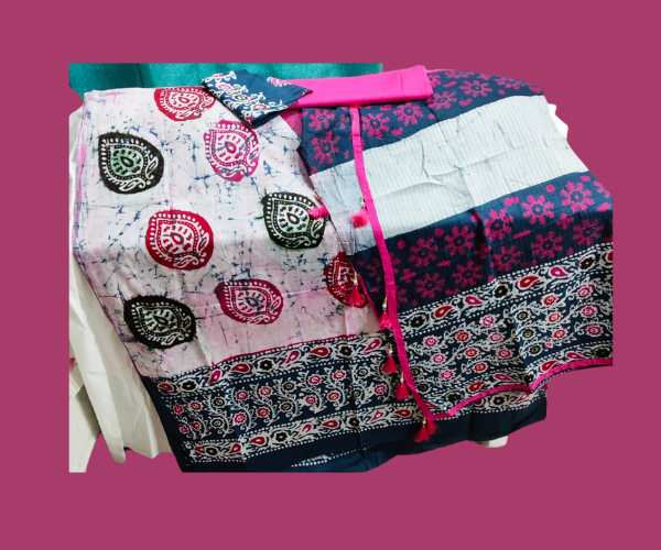 Batik 3Pcs pink flower Design white color বাটিক ৩পিস